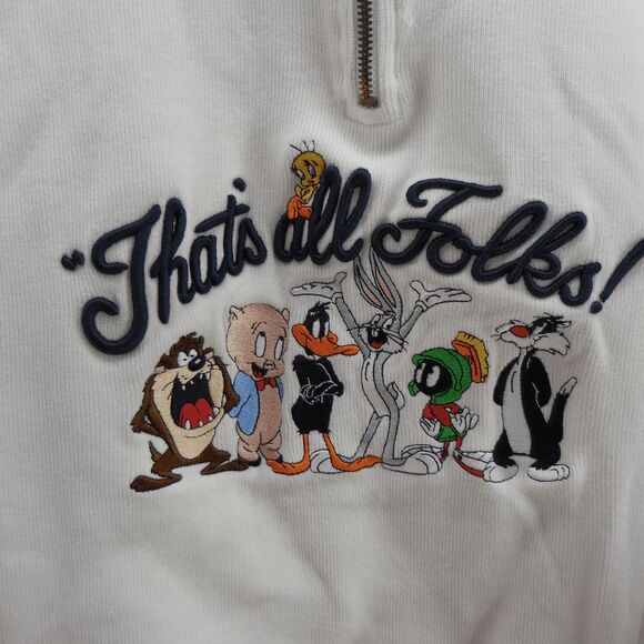 VTG Looney Tunes Thats All Folk 1/4 Zip Sweater Taz Bugs Tweetie Daffy Marvin XL - Picture 1 of 6